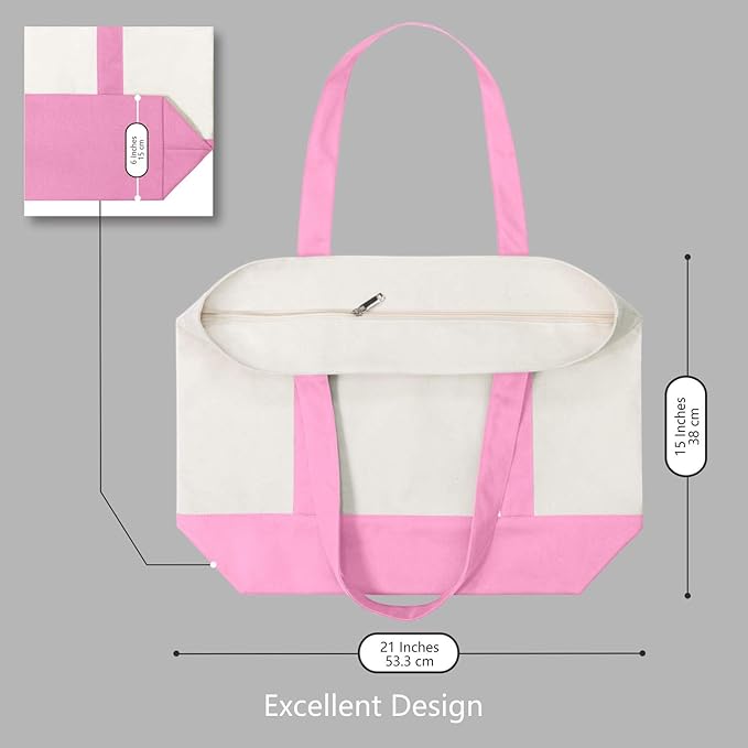 TOPDesign 1-Pack Canvas Tote Bag with an External Pocket, Reusable Grocery Shopping Bag, Top Zipper Closure, Daily Essentials (Pink/Natural)