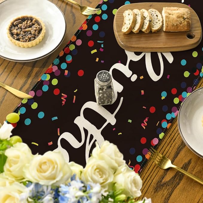 Artoid Mode Polka Dot Black Happy Birthday Table Runner, Seasonal Kitchen Dining Table Decoration for Home Party Decor 13x72 Inch