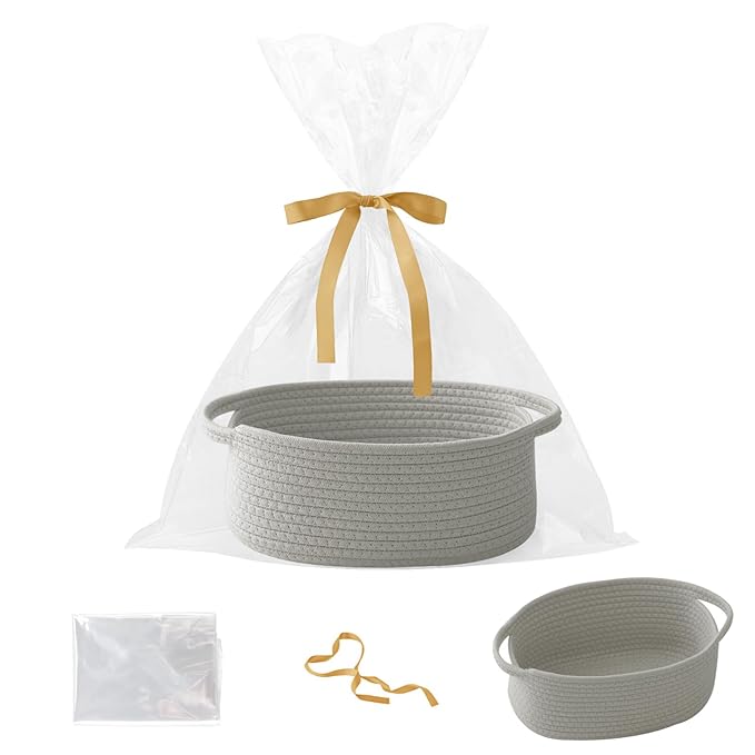 Gift Basket with Gift Bag and Ribbons,Small Rope Woven Shelf Storage,Baskets for Gifts Empty,Birthday,Baby Shower,Decorative Organizer Box with Handles(Grey)