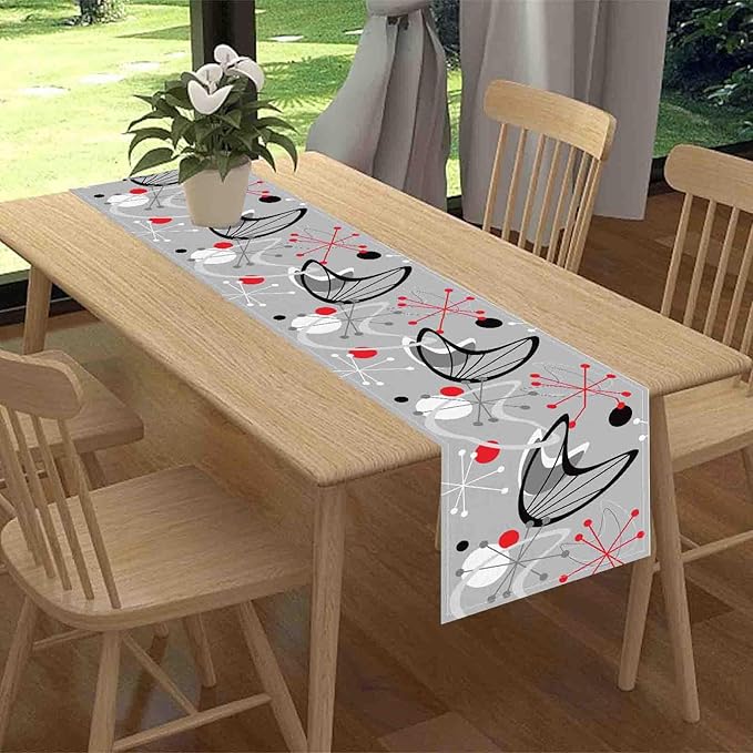 Mid Century Table Runner, Retro 1950s Atomic Minimalist Modern Abstract Geometric Gray Coffee Table Center Decor for Home Kitchen Dining Patio Holiday Party Table Decorations, 13"x108" Inch