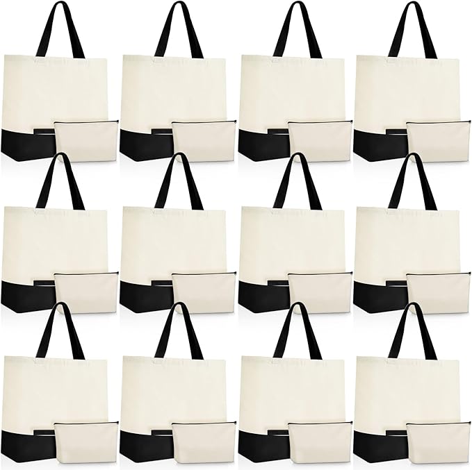 Sanwuta 24 Pcs Canvas Tote Bags Bulk with Zipper Cosmetic Bags 18.5" Cotton Canvas Bag with Handles Reusable Shopping Bags