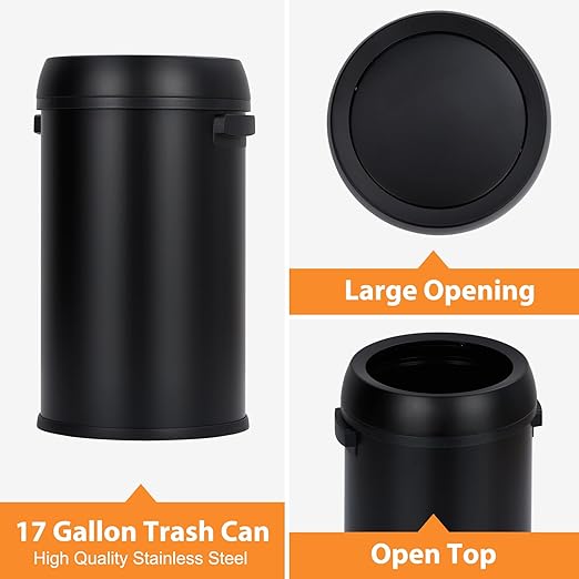GarveeHome 17 gal/65 L Open Top Trash Can, Stainless Steel Rubbish Bin, Commercial Grade Waste Container, Round Garbage Can for Outdoor, Home Office, Restaurant, Black