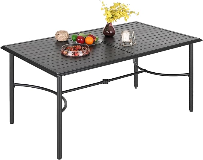 Outdoor Patio Dining Table for 6, 67" x 38" Rectangular Metal Patio Dining Table with Umbrella Hole for Garden, Backyard and Porch