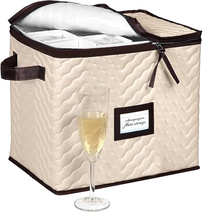 Wine Glass Storage Box with Dividers - Stemware Storage Case, Durable Quilted Microfiber Bin with Carry Handles, Protects Fine China - (1 Pack, Champagne Flute)