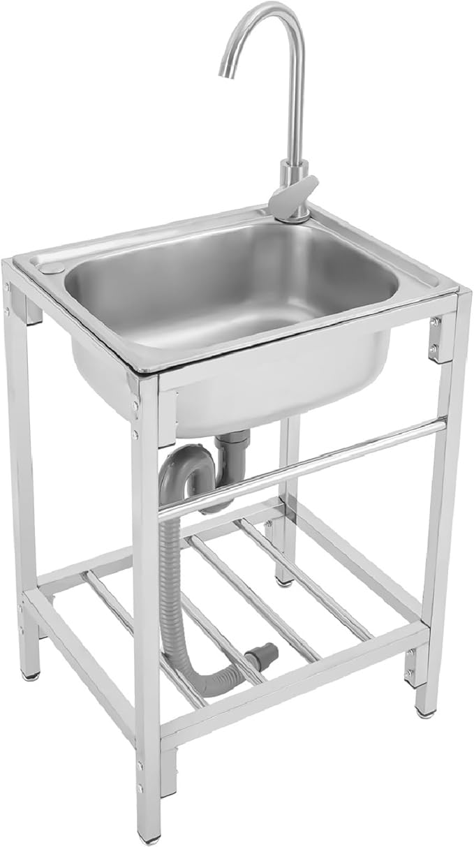 Stainless Steel Utility Sink Single Bowl Freestanding Laundry Sink with Rotating Faucet Portable Outdoor Single Basin Prep Sink Commercial Restaurant Sink for Kitchen