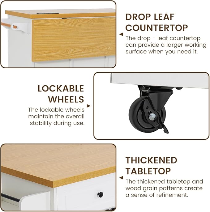 COCO DESIGN Rolling Kitchen Island Cart with Wheels, 54" Portable Trolley Island with Drop Leaf Countertop, Sliding Barn Door, Power Outlet, Spice Rack, Towel Rack and Drawers, Minimalist White