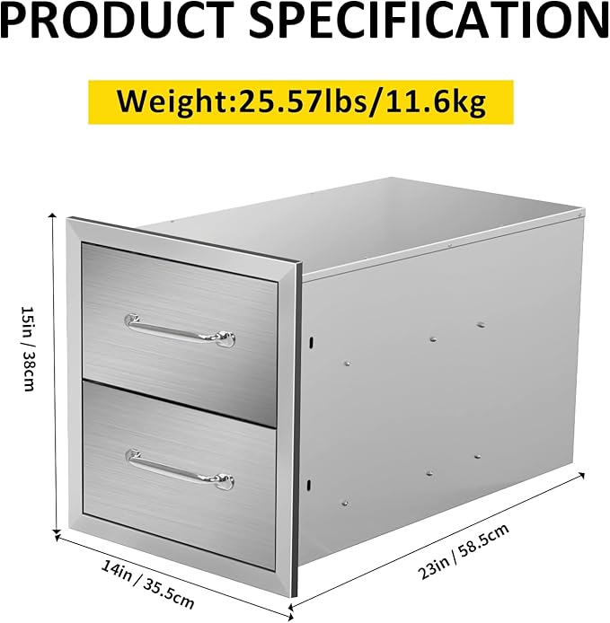 Outdoor Kitchen Drawers 14" W x 15" H x 23" D Flush Mount Double BBQ Drawers with Chrome Handle Stainless Steel Drawer for Outdoor Kitchen Island, Patio Grill Station