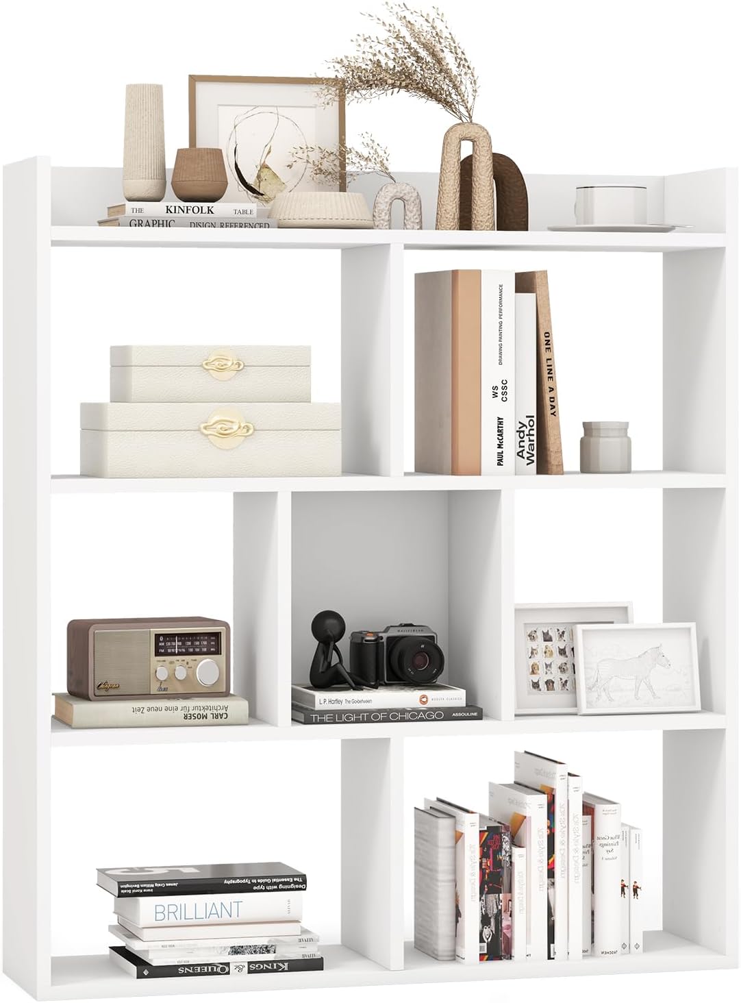 Giantex 7 Cube Bookshelf, Free-Standing Wooden Bookcase, 4 Tier Home Display Shelf, Horizontal Storage Unit w/Anti-Toppling Devices, Open-Back Display Rack for Study, Bedroom, Living Room, White