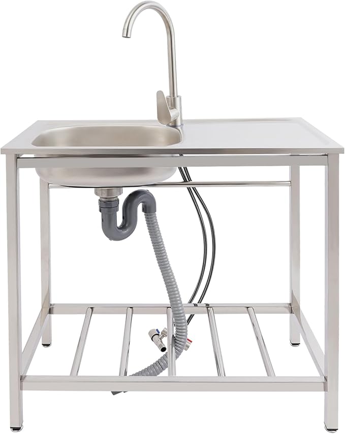 Outdoor Utility Sink, Freestanding Kitchen Sink with Faucet, Utility Sink Freestanding Single Bowl Portable Washing Hand Basin Station with 2 Tier Storage Shelves for Backyard (29.52x 15.74x 29.52in)