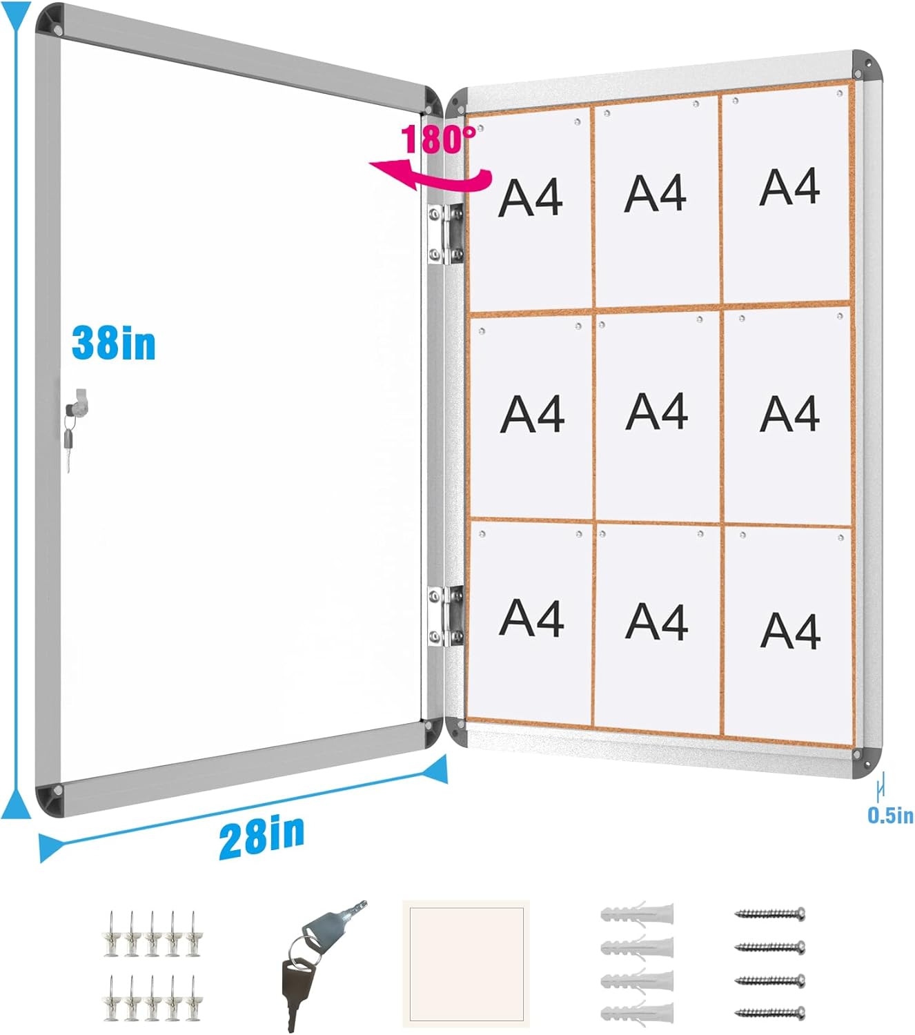 2 Pack 38"x28" Enclosed Bulletin Board, Lockable Weather-Resistant Aluminum Cork Noticeboard for School & Office, Silver Frame w/Cork