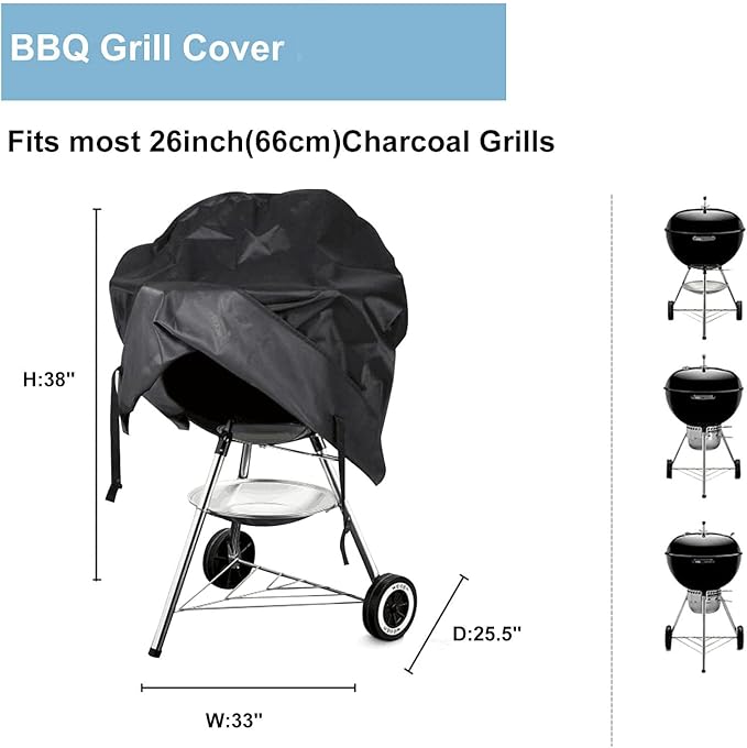Grill Cover for Weber Round Grill Cover Water Proof Heavy Duty Outdoor Canvas BBQ Grill Cover Dome Smoker Cover (26 inch)