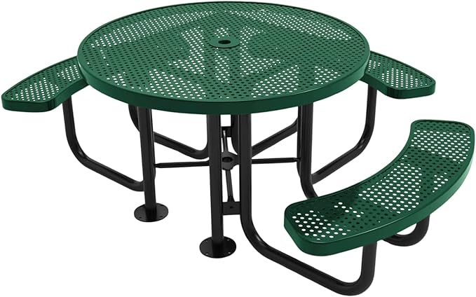 COATEDOUTDOORFURNITURE Heavy-Duty Portable Outdoor Picnic Table with Umbrella Hole, Punched Steel Patio Dining Furniture Made in America (46" Round Top, Textured Green)