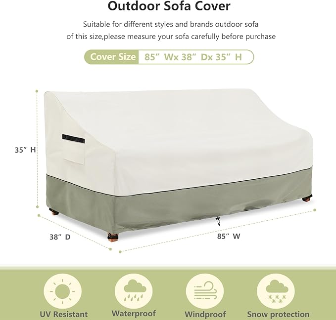 3-Seater Patio Sofa Cover,85 W x 38 D x 35 H Inches Outdoor Couch Cover,600D Heavy Duty Waterproof Outdoor Sofa Covers,Patio Furniture Covers,Beige
