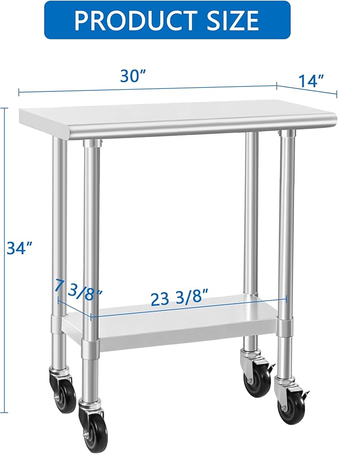 HARDURA Stainless Steel Commercial Table Prep & Work Table with Casters Heavy Duty Metal Table with Wheels NSF 430 14×30 Inches