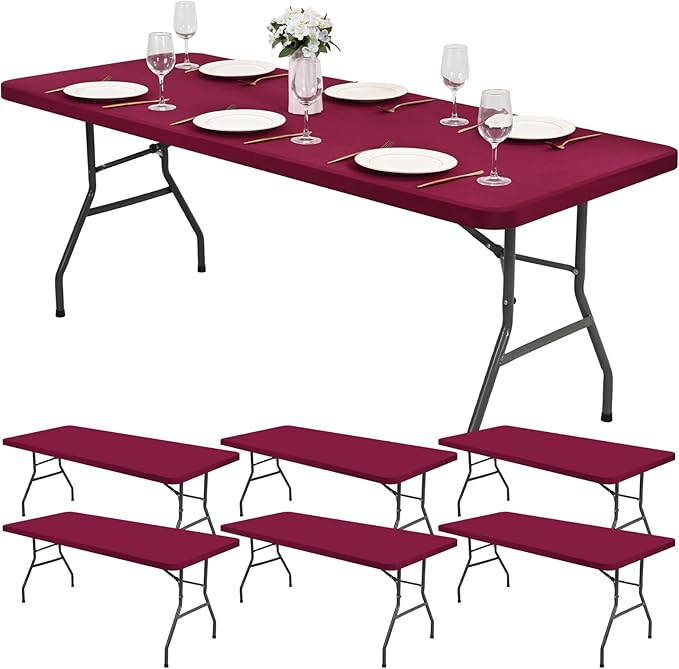 6 Pack Stretch Fabric Table Top Cap Cover, Wine Red Table Covers fits 8Ft Tables, Washable Elastic Universal Rectangle Tablecloth Protector for Indoor Outdoor Party Picnic Wedding (30" W x 96" L)