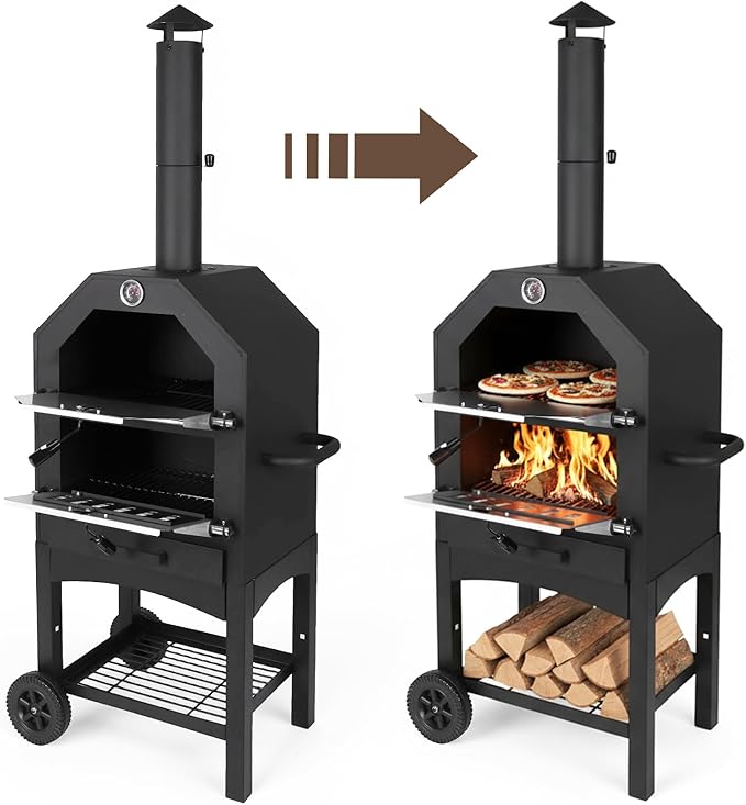 Outdoor Wood Fired Pizza Oven with Firewood Storage, Side Shelves, Cordierite Pizza Stone & Peel, 2 Cooking Grills, Thermometer, Portable Patio Pizza Maker for Backyard Parties and Camping