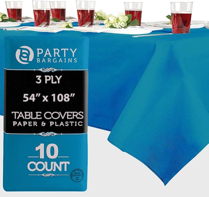 PARTY BARGAINS 54" X 108" Paper & Plastic Table Covers, Blue, 10 Pack