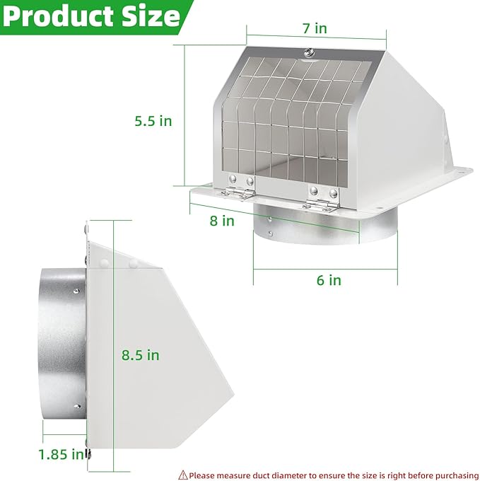 6 inch wall vent Cover Dryer Vent Cover Outside Exhaust Vent Cover Cap,Wall Mount Extractor Vent with Mesh & Cushioned Flap,Exterior Wall Vent Hood Outlet Air Vent for Range Hood Duct HVAC Ventilation