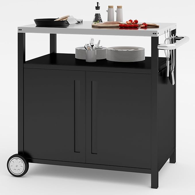 Outdoor Grill Cart with Storage Cabinet Stainless Steel Prep Stand with Storage Cabinet and Wheels Movable Whole Portable Table Outdoor Rolling Prep Station Kitchen Island Pizza Oven Table for Garden