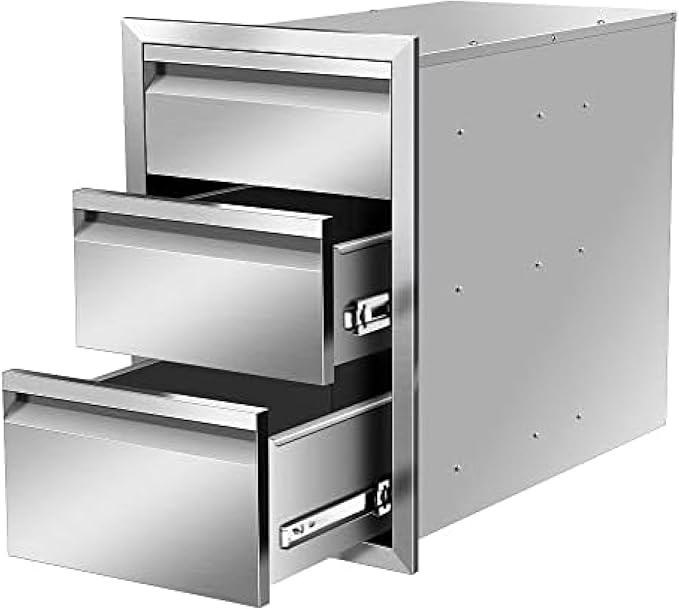 Outdoor Kitchen Stainless Steel Triple Access BBQ Drawers With Handle For BBQ Island Patio Grill Station,Three Drawers