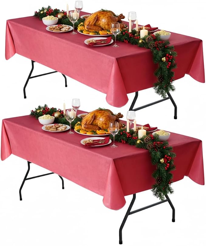 Nasitos 2 Pack Christmas Table Cloth Rectangle 60x120 Inch-Vinyl Plastic Red Tablecloth with Flannel Backing 100% Waterproof, Stain Resistant, Wipe Clean Table Covers for Kitchen Dining Parties
