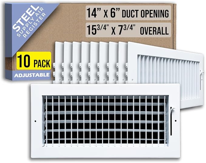 [10 Pack] Fits 14x6 Duct Opening Steel Adjustable Air Supply Grille by Handua | Register Vent Cover Grill for Sidewall and Ceiling | White | Out. Dim.: 15.75" X 7.75"