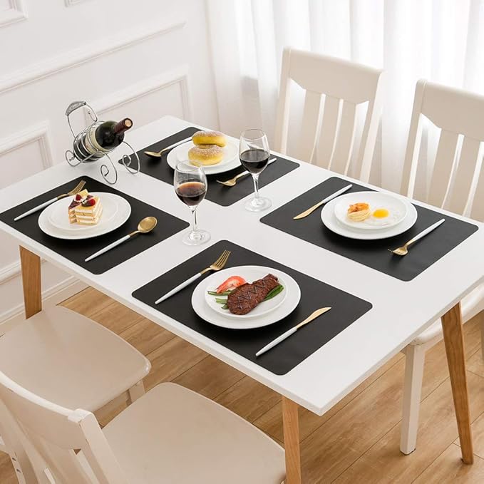 DOLOPL Placemats Set of 6 – Black Wipeable Faux Leather Table Placemats, Waterproof and Heat Resistant Place Mats for Dining Table, Kitchen, and Outdoor Use – Modern Table Mats for Halloween Decor