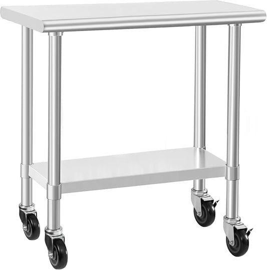 HARDURA Stainless Steel Commercial Table Prep & Work Table with Casters Heavy Duty Metal Table with Wheels NSF 430 18×36 Inches