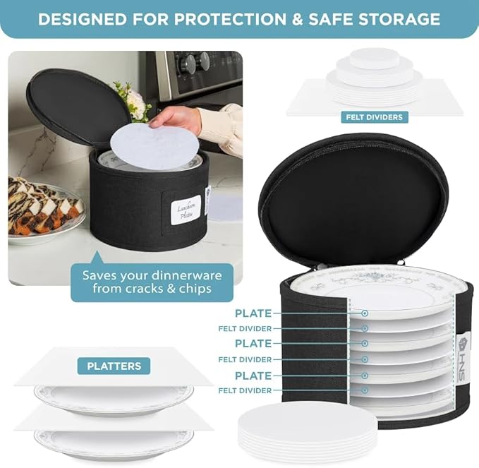 China Storage Hard Shell Containers 8-Piece Set Moving Boxes for Dinnerware, Glasses, Plates, Mugs and Saucers Sturdy Dish Organizer with Dividers for Seasonal Storage - Service for 12 - Black