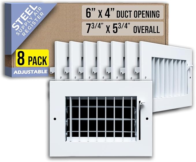 [8 Pack] Fits 6x4 Duct Opening Steel Adjustable Air Supply Grille by Handua | Register Vent Cover Grill for Sidewall and Ceiling | White | Out. Dim.: 7.75" X 5.75"
