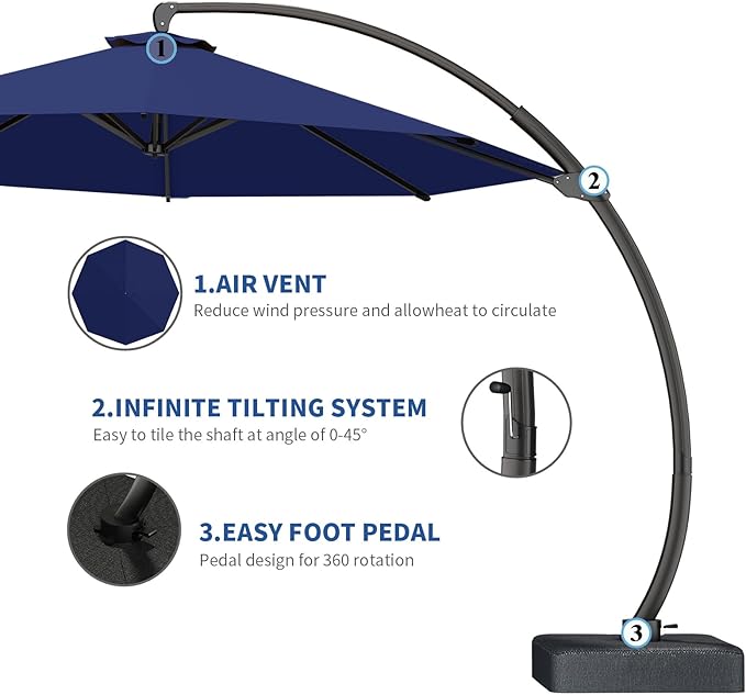 7 Piece Patio Dining Set with 11ft Patio Umbrella (Navy), 7 Navy Outdoor HDPE Dining Set with 6 Chairs + 1 Large Table with 2" Umbrella Hole, for Market, Pool, Garden, Backyard, Deck