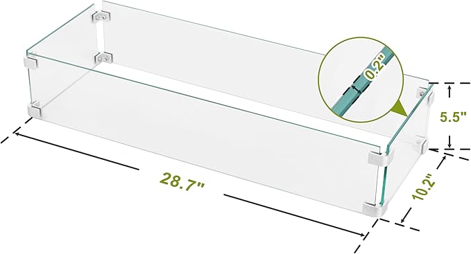 Nuu Garden Tempered Glass Wind Guard for Rectangular Propane Fire Pit Table 29 x 10 x 6 Inch, Durable Flame Guard Shield with Aluminum Alloy Corner Brackets for Outdoor Patio Gas Fire Table