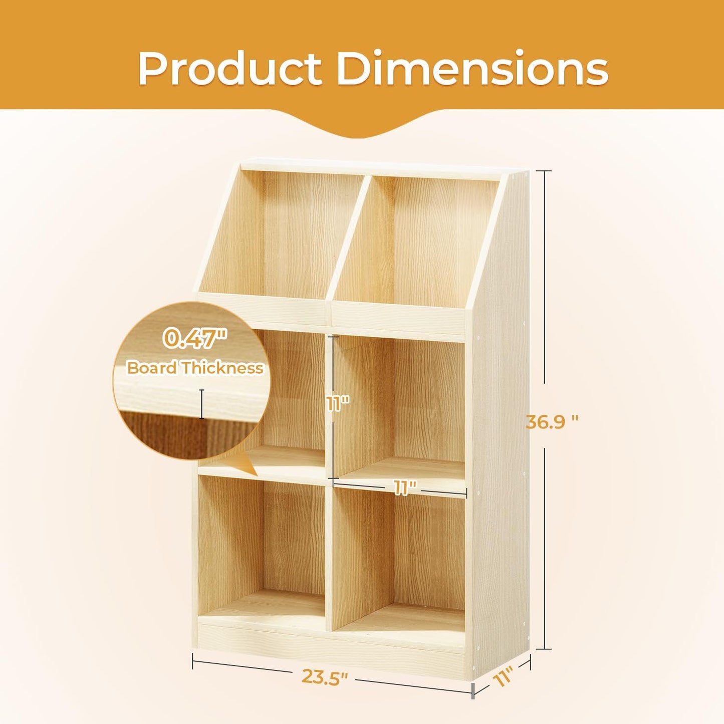 6-Cube Wooden Storage Bookcase - 11-Inch Open Shelf Cabinet, Simple Modern Bookshelf Organizer for Home Office, Living Room, Oak