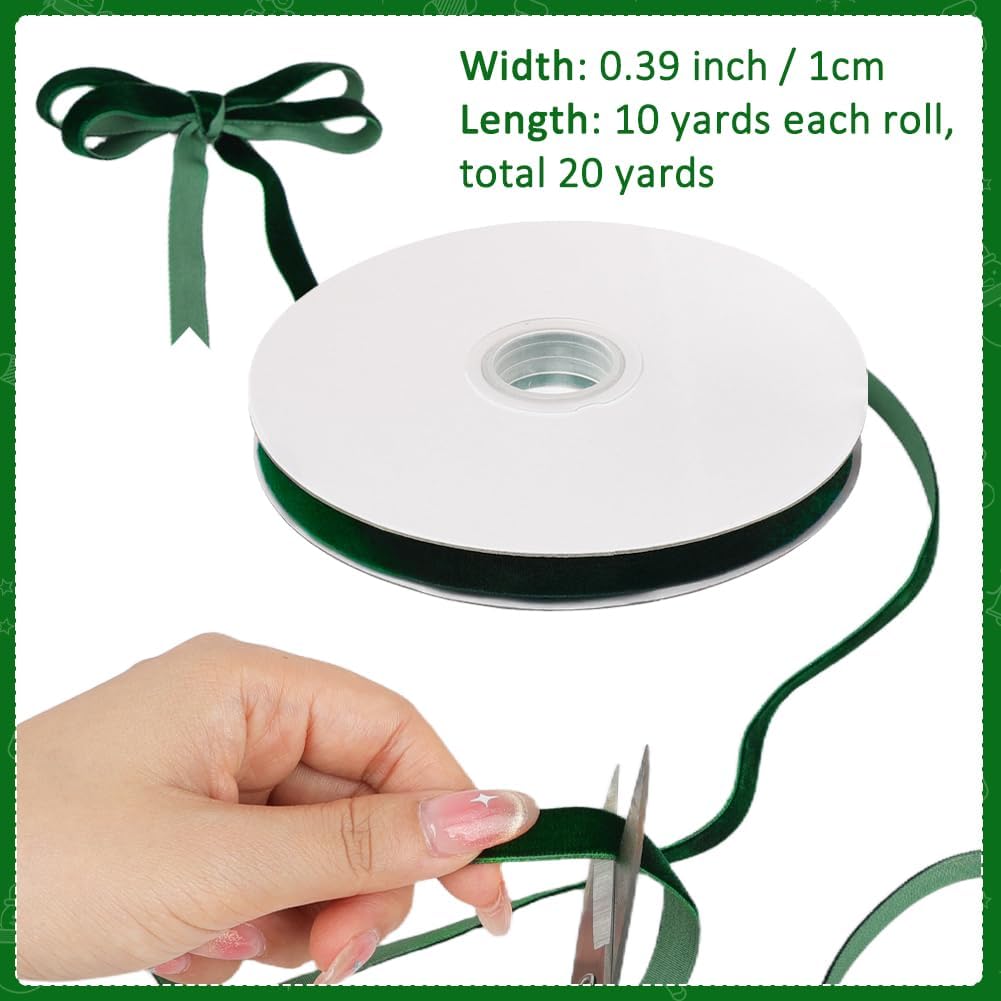 Dark Green Velvet Ribbon, 0.39 Inch x 20 Yards Single Faced Green Ribbon for Gift Wrapping, Bow Making, Christmas Tree Decorations, Wreath Making and DIY Crafts (10 Yards Each Roll)