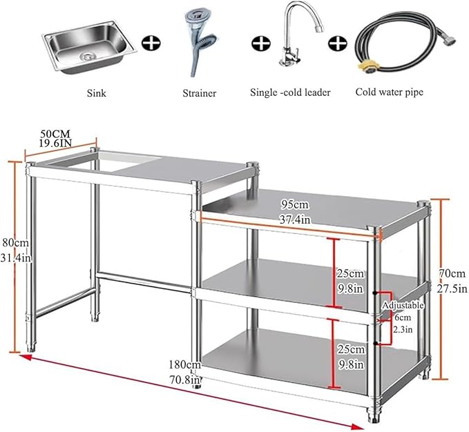 Free Standing Utility Sink, Stainless Steel Kitchen Baker Rack Shelf, Single Bowl Washing Hand Basin Station with Workbench, Fish Cleaning Table &Storage Shelves for Laundry Room, Garage,Outdoor