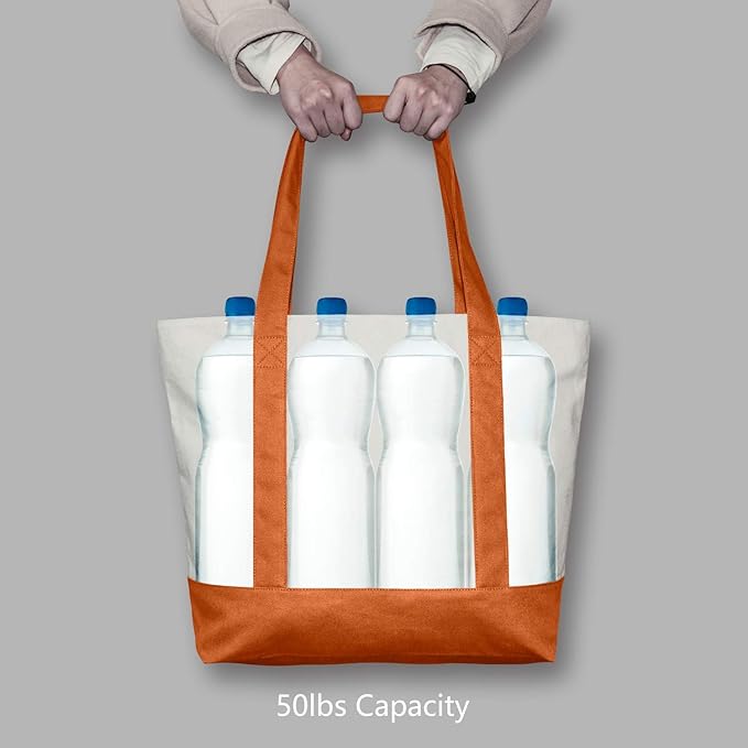 TOPDesign 6-Pack Canvas Tote Bags with an External Pocket, Reusable Grocery Shopping Bags, Top Zipper Closure, Daily Essentials (Orange/Natural)