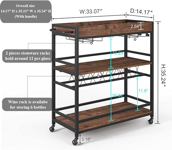 BON AUGURE Bar Cart for The Home, Rolling Home Bar Serving Cart on Wheels, 3 Tier Liquor Beverage Carts with Wine Rack and Glass Holder (Rustic Oak)
