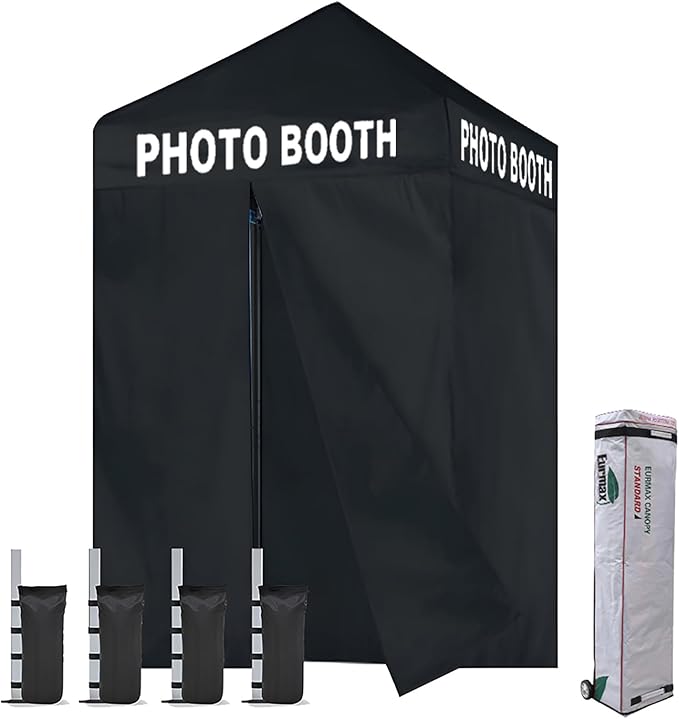 Eurmax USA 5'x5' Pop-up Canopy Portable Photo Booth Tent for Events Wedding Photobooth for Professional Photos Photo Studio Photo Booth System with Roller Bag，Bonus 4 SandBags (Printed Black)