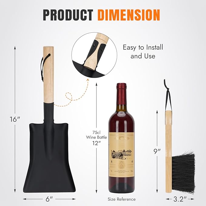 INNO STAGE Ash Shovel and Brush Set - Fireplace Tools Set Hearth Indoor Outdoor Modern Firepit Coal Shovel and Brush Kit Cleaning Tool Rust Resistant (6 * 16inch)