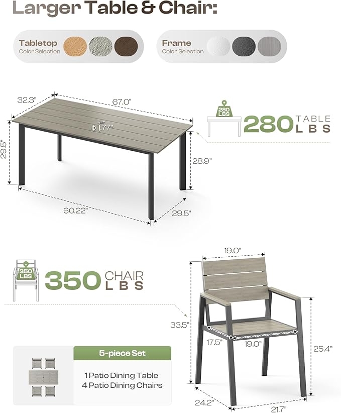 Patio Table and Chairs Set, 5 Piece Outdoor Dining Set with Umbrella Hole, HDPS + Aluminum Patio Furniture Set for Garden (Gray)