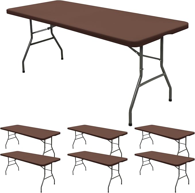 6 Pack Stretch Fabric Table Top Cap Cover, fits 8' Tables, Spandex Table Covers Washable Elastic Rectangle Tablecloth Protector for Indoor Outdoor Party Picnic Wedding, Coffee, 30" W x 96" L