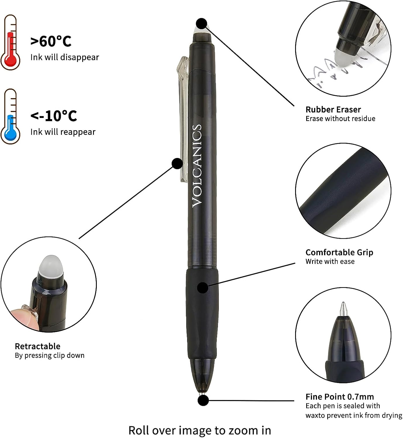 Volcanics Retractable Clicker Erasable Gel Pens - 0.7mm Ball Point, Heat Erase with Built-in Eraser, 36 Pack Black
