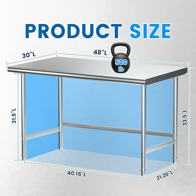 Treshin Open Base Stainless Steel Table 30" X 48", Commercial Heavy Duty Prep & Work Table for Kitchen, Restaurant, Home, Hotel, Laundry
