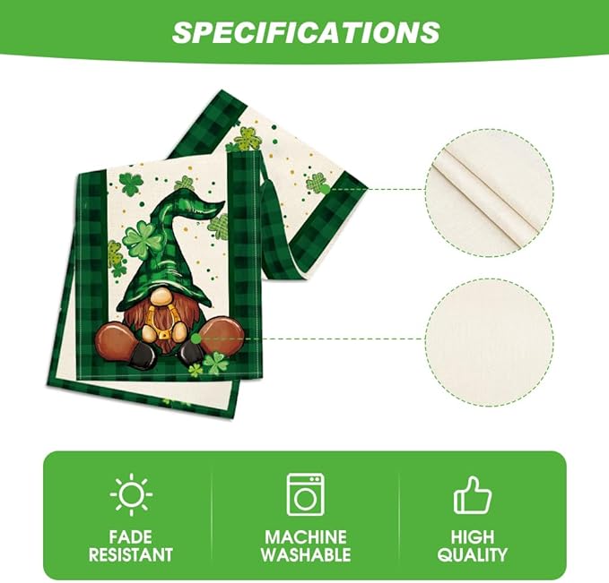 Artoid Mode Shamrock Buffalo Plaid Gnomes Lucky St. Patrick's Day Table Runner, Kitchen Dining Table Decor for Outdoor Home Party Decor 13 x 90 Inch