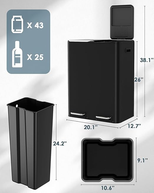 Arlopu 16Gal Dual Trash Can w/2 Built-in Box for Odor Control, Hands-Free Kitchen Garbage Bin, Recycle Waste Dustbin, Soft-Close Lid, 2 Buckets,Foot Pedal, Side Handle, Airtight,for Home (Black)