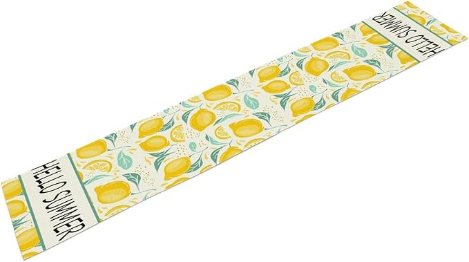 Spring Yellow Lemon Table Runner, Hello Summer Seasonal Exotic Fresh Fruits Plants Branch Leaves Print Table Cover for Farmhouse Kitchen Table Party Decor, 13x90inch