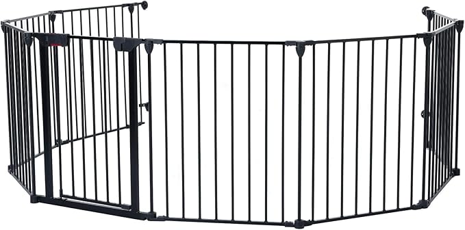 8-Panel Configurable Metal Safety Gate Play Yard - 200" Adjustable Pet Fence with Walk-Through Door for Stairs, Fireplace, Christmas Tree - Indoor Foldable Child Barrier, Black