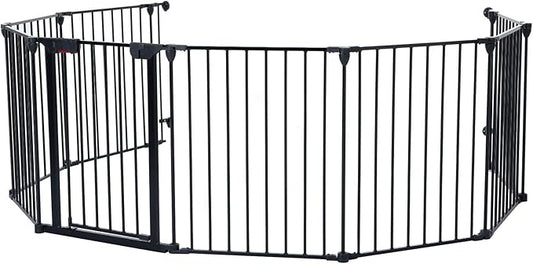 8-Panel Configurable Metal Safety Gate Play Yard - 200" Adjustable Pet Fence with Walk-Through Door for Stairs, Fireplace, Christmas Tree - Indoor Foldable Child Barrier, Black