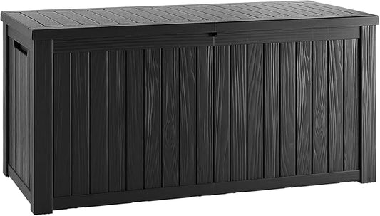 150 Gallon Resin Deck Box, Waterproof Outdoor Storage Box for Patio Furniture, Garden Tools, and Pool Accessories, Lockable UV-Resistant Storage Bin Bench Cabinet for Outside, Black