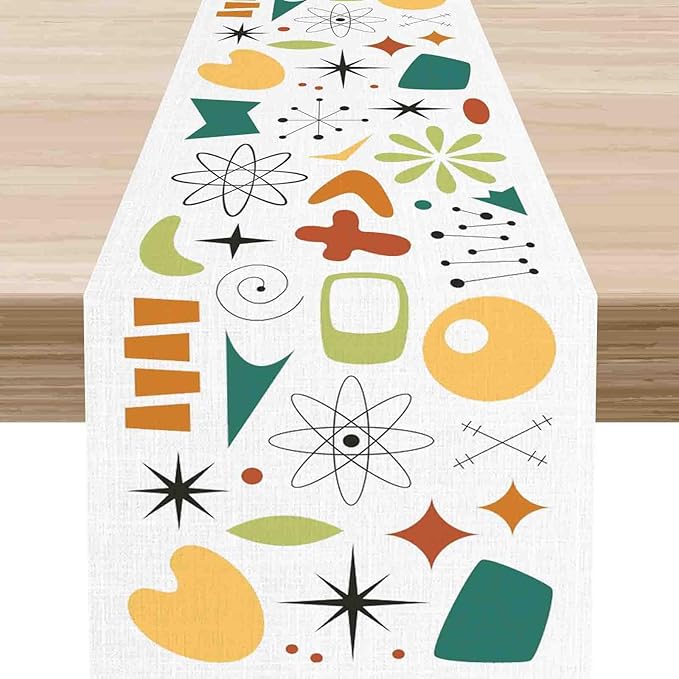 Mid Century Table Runner, Retro 1950s Atomic Pattern Modern Abstract Geometric Coffee Table Center Decor for Home Kitchen Dining Patio Holiday Party Indoor Outdoor Table Decorations, 13"x36" Inch